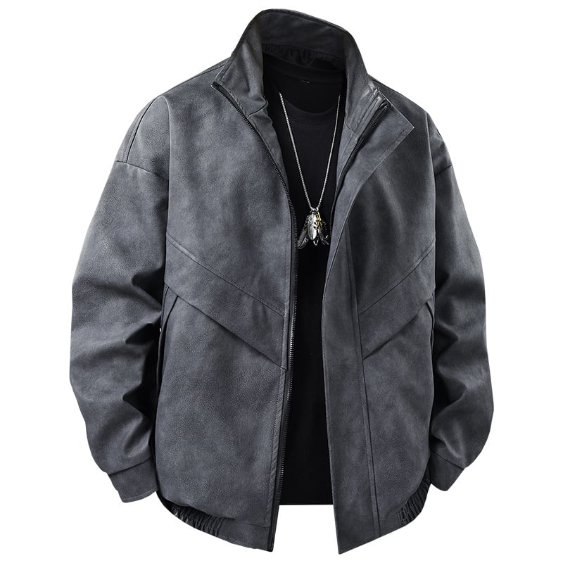 Muška PU kožna jakna – stojeći ovratnik, jednoravno kopčanje, širok kroj, patch džepovi