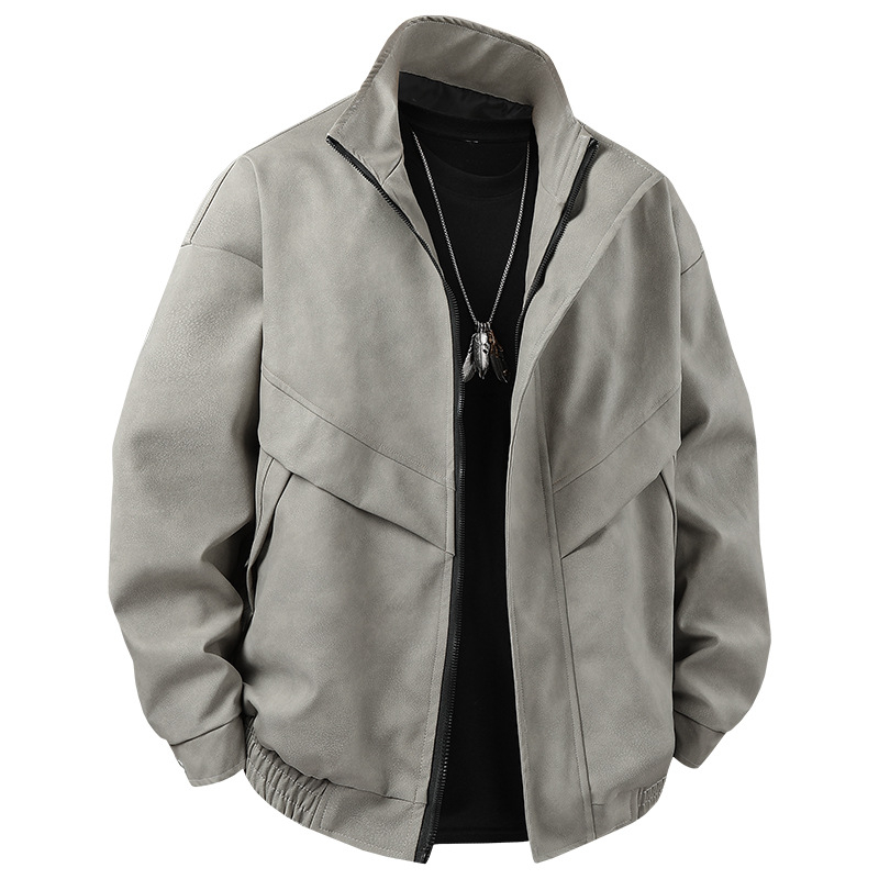 Muška PU kožna jakna – stojeći ovratnik, jednoravno kopčanje, širok kroj, patch džepovi