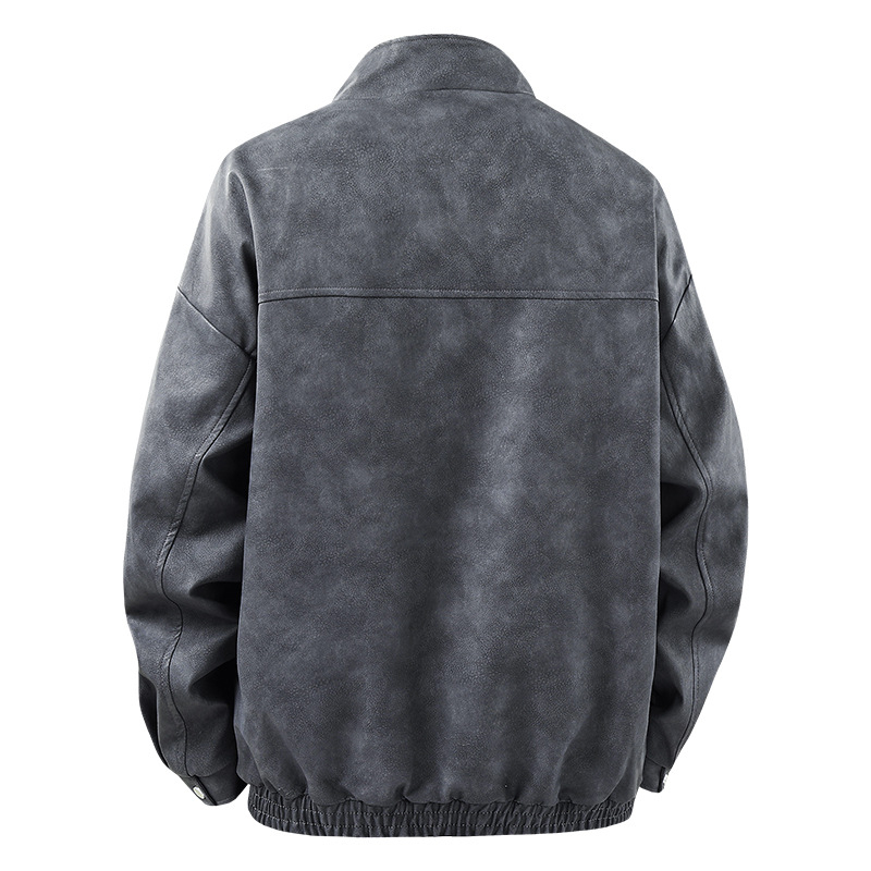 Muška PU kožna jakna – stojeći ovratnik, jednoravno kopčanje, širok kroj, patch džepovi