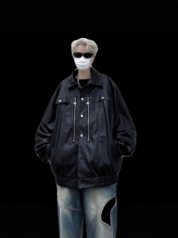 PU kožna jakna, Vintage stil, ovratnik s reverom, zatvarač na zip, široki kroj