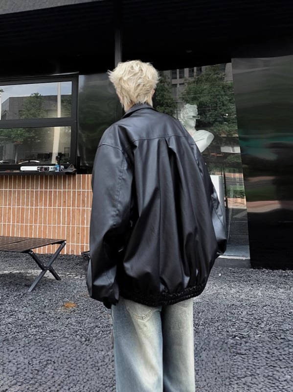PU kožna jakna, Vintage stil, ovratnik s reverom, zatvarač na zip, široki kroj
