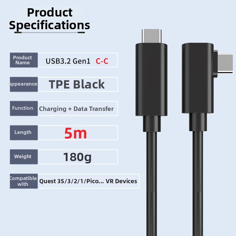 VR кабел за данни за Oculus Quest 3 – USB 3.0 / Type-C, PD бързо зареждане, 60W максимум, TPE