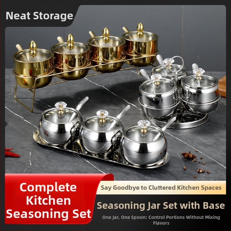 Laumont Σετ δοχείων μπαχαρικών από ανοξείδωτο χάλυβα 304 με κουταλάκι και γυάλινο καπάκι – σετ πολλών γεύσεων