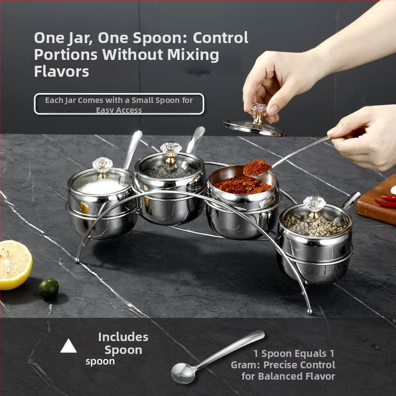 Laumont Σετ δοχείων μπαχαρικών από ανοξείδωτο χάλυβα 304 με κουταλάκι και γυάλινο καπάκι – σετ πολλών γεύσεων