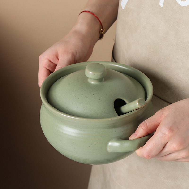 Κεραμικός κάδος λαδιού με δύο αφτιά, καπάκι και κουταλάκι, ιαπωνικού στυλ κουζίνας για υγρά καρυκεύματα, ανθεκτικό σε υψηλές θερμοκρασίες, δυνατότητα προσαρμογής
