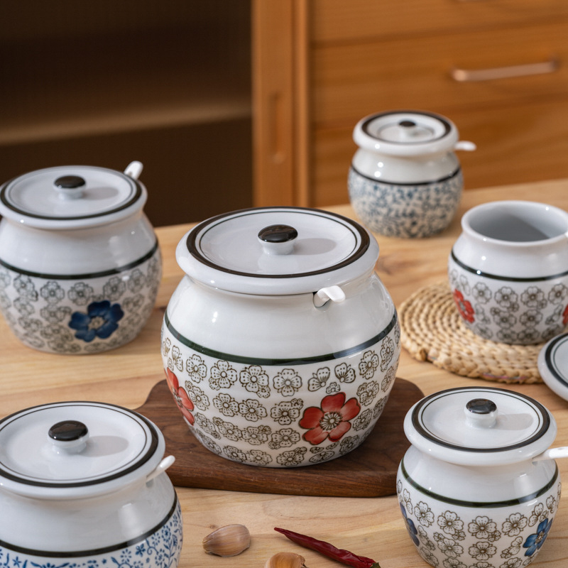 Κεραμικό δοχείο καρυκευμάτων με χειρολαβή και καπάκι για υγρά καρυκεύματα, αναβαθμισμένος κλασικός σχεδιασμός με διπλά αυτιά, νέο κινεζικό στυλ, πρώτης τάξης ποιότητα