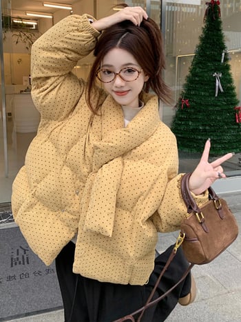 Дамско яке от чениел с точкова шарка, топло памучно, свободна кройка, дълги ръкави, зимен модел 2025