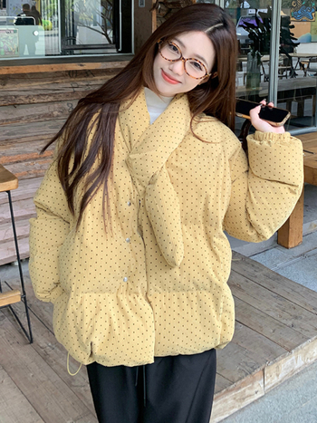 Дамско яке от чениел с точкова шарка, топло памучно, свободна кройка, дълги ръкави, зимен модел 2025