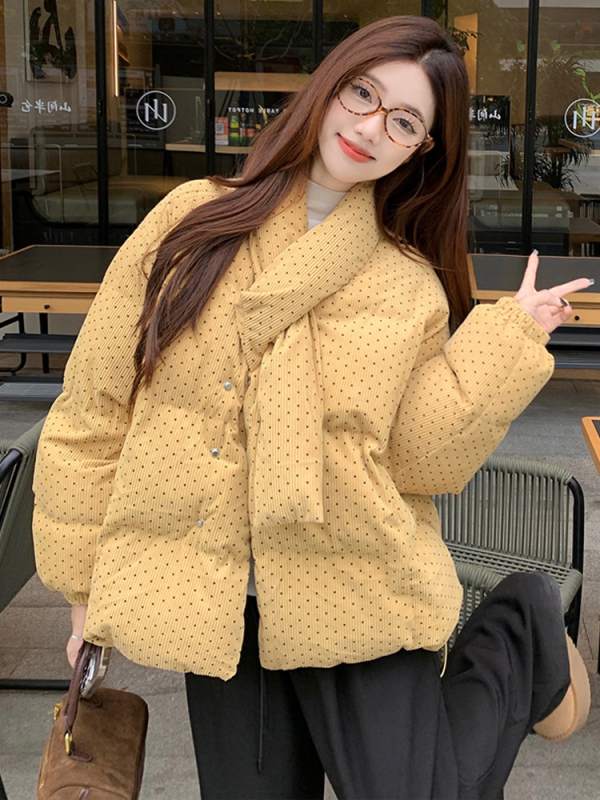 Дамско яке от чениел с точкова шарка, топло памучно, свободна кройка, дълги ръкави, зимен модел 2025