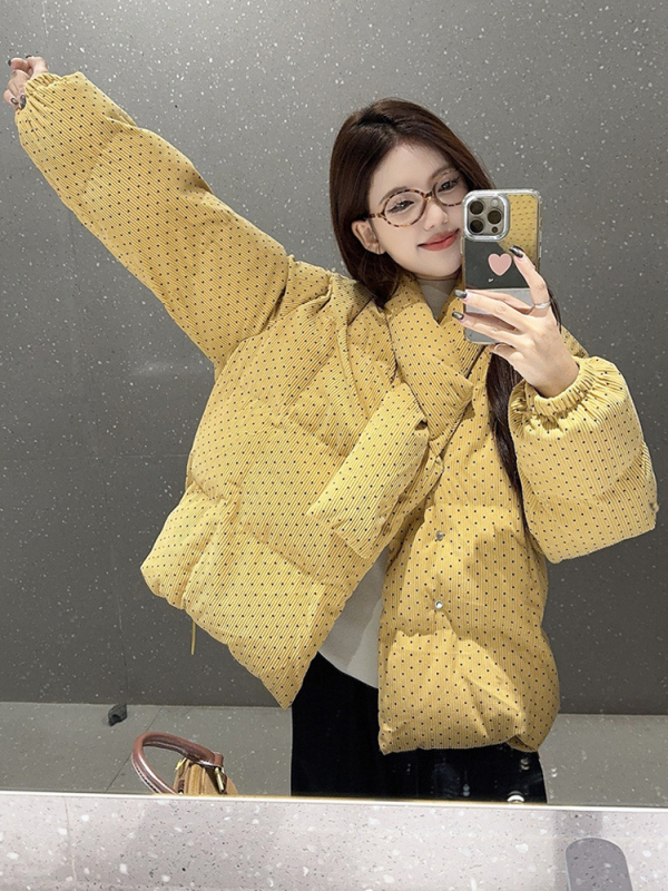 Дамско яке от чениел с точкова шарка, топло памучно, свободна кройка, дълги ръкави, зимен модел 2025