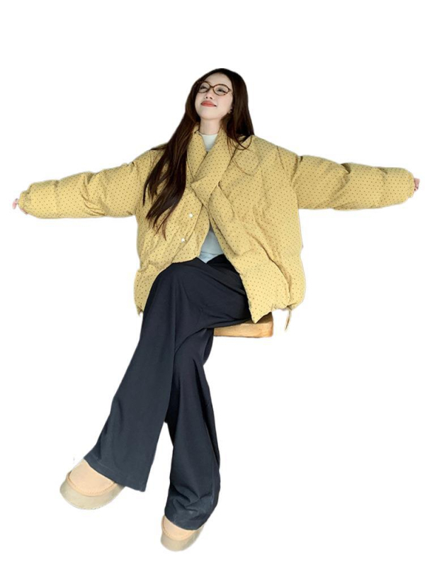 Дамско яке от чениел с точкова шарка, топло памучно, свободна кройка, дълги ръкави, зимен модел 2025