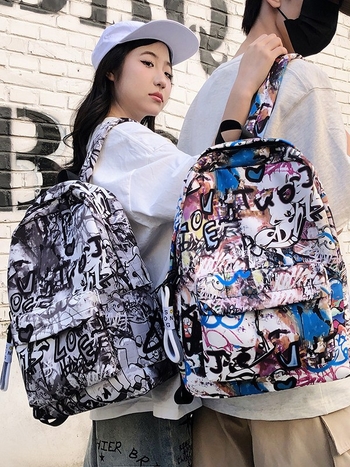Školska torba velike kapacitete s grafiti dizajnom, japanski stil casual, unisex za srednju školu (Oxford plat; remeni s zračnim jastukom; otporno na habanje; zaštita kralježnice; podstava od poliestera)