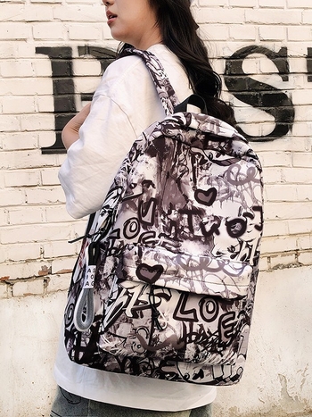 Školska torba velike kapacitete s grafiti dizajnom, japanski stil casual, unisex za srednju školu (Oxford plat; remeni s zračnim jastukom; otporno na habanje; zaštita kralježnice; podstava od poliestera)
