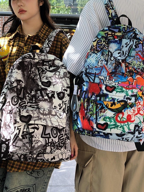 Školska torba velike kapacitete s grafiti dizajnom, japanski stil casual, unisex za srednju školu (Oxford plat; remeni s zračnim jastukom; otporno na habanje; zaštita kralježnice; podstava od poliestera)