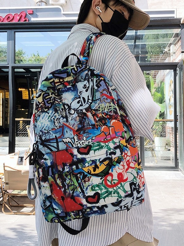 Školska torba velike kapacitete s grafiti dizajnom, japanski stil casual, unisex za srednju školu (Oxford plat; remeni s zračnim jastukom; otporno na habanje; zaštita kralježnice; podstava od poliestera)