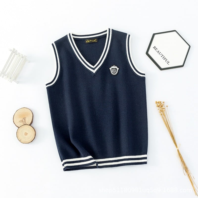 Dječji pleteni prsluk s V-izrezom, pamuk, prugasti, pulover stil