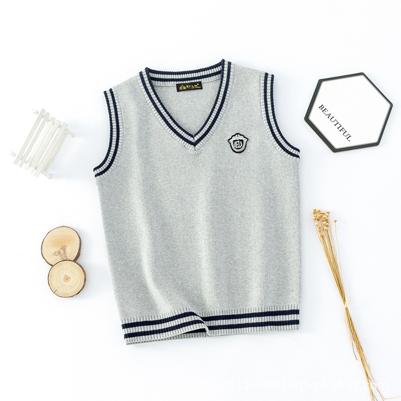 Dječji pleteni prsluk s V-izrezom, pamuk, prugasti, pulover stil