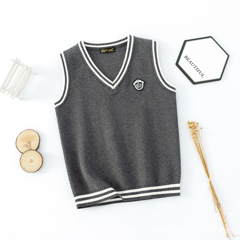 Dječji pleteni prsluk s V-izrezom, pamuk, prugasti, pulover stil