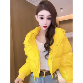 Дамско късо глянцово пухено яке с качулка, ултра къс модел А-образна кройка, без ръкави, пълнеж от коприна и памук