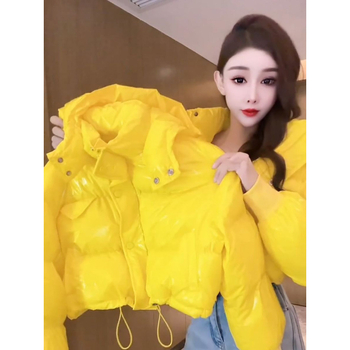 Дамско късо глянцово пухено яке с качулка, ултра къс модел А-образна кройка, без ръкави, пълнеж от коприна и памук