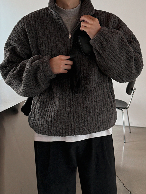 Kaput s punjenjem od poliester vlakana, korejskog stila, široka silueta, prednji zatvarač, stojeći ovratnik