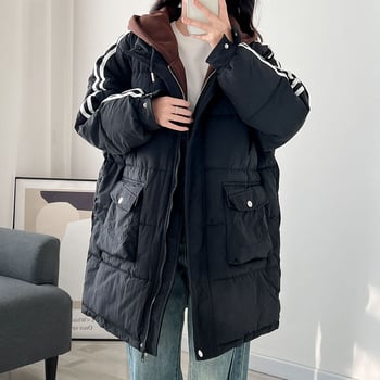 Дълго качулково палто от полиестер с пълнеж от пух и памук, корейски стил, зимна колекция 2023