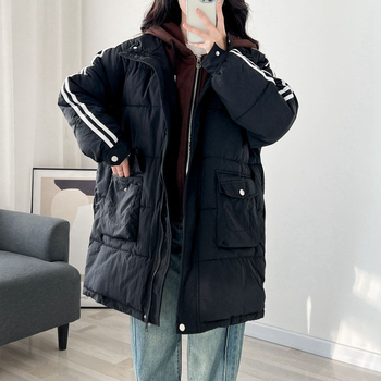 Дълго качулково палто от полиестер с пълнеж от пух и памук, корейски стил, зимна колекция 2023