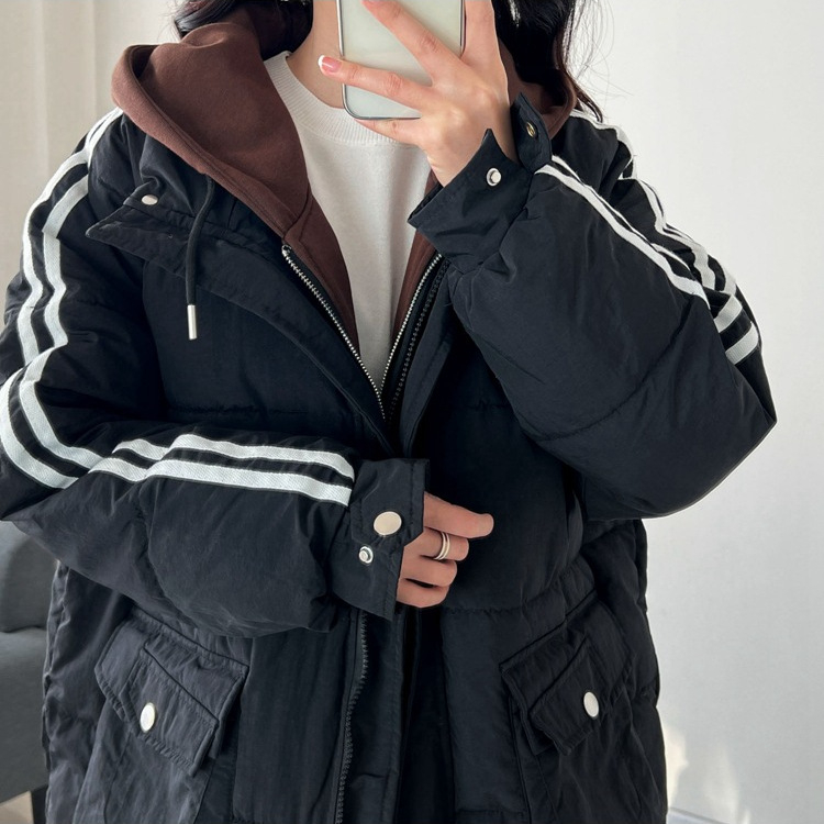 Дълго качулково палто от полиестер с пълнеж от пух и памук, корейски стил, зимна колекция 2023