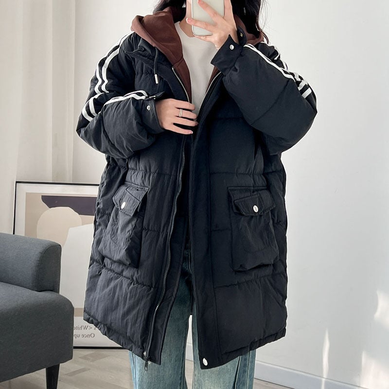 Дълго качулково палто от полиестер с пълнеж от пух и памук, корейски стил, зимна колекция 2023