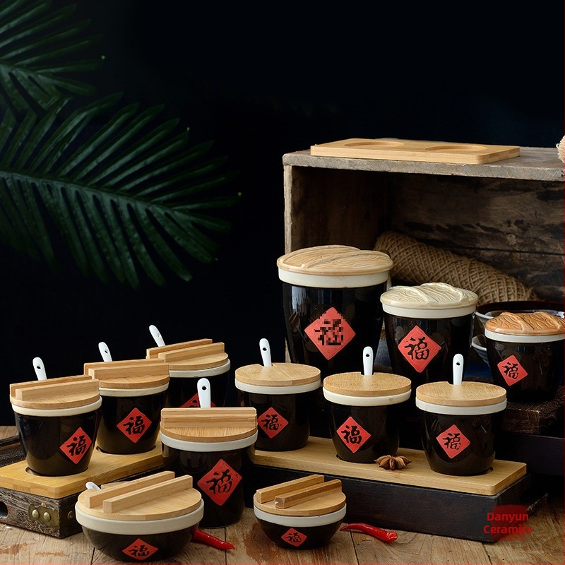 Керамична кутия за подправки със лъжичка и капак, стилна и креативна, за ресторанти, за сухи подправки