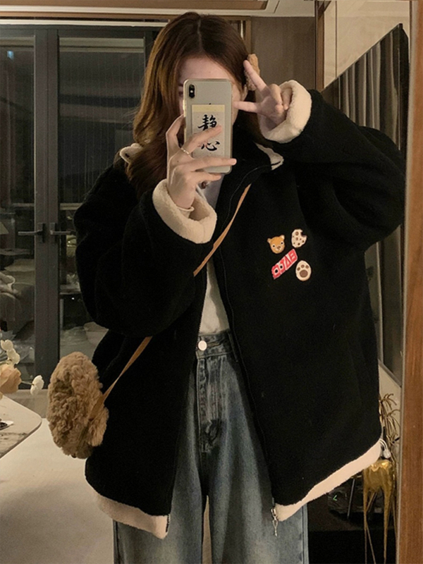 Дамско зимно палто с пухена яка, цип, средна дължина, свободен крой, дълги ръкави