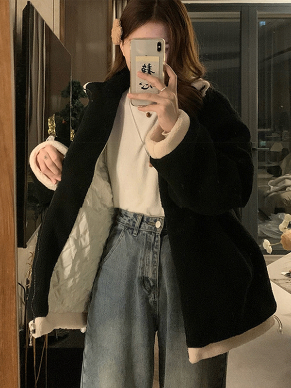 Дамско зимно палто с пухена яка, цип, средна дължина, свободен крой, дълги ръкави