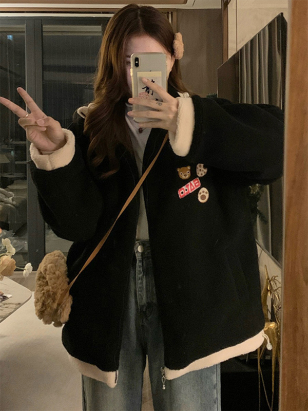 Дамско зимно палто с пухена яка, цип, средна дължина, свободен крой, дълги ръкави