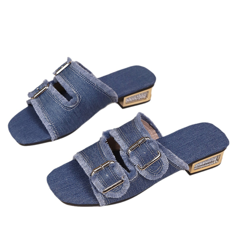 Ženske slip-on sandale s kanvasnim gornjim dijelom, okrugli vrh prsta, 3-5 cm visokim petama, gumom potplatom, visokom protukliznošću