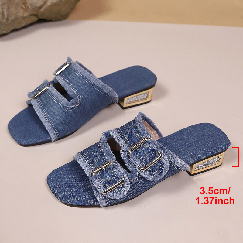 Ženske slip-on sandale s kanvasnim gornjim dijelom, okrugli vrh prsta, 3-5 cm visokim petama, gumom potplatom, visokom protukliznošću