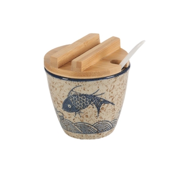 Керамичен релефен комплект бурканчета за подправки с капаци и отворено горло, японски стил, сол и пипер