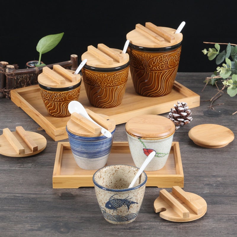 Керамичен релефен комплект бурканчета за подправки с капаци и отворено горло, японски стил, сол и пипер