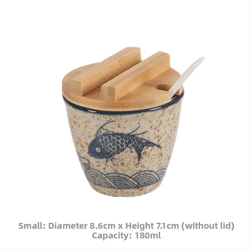 Керамичен релефен комплект бурканчета за подправки с капаци и отворено горло, японски стил, сол и пипер