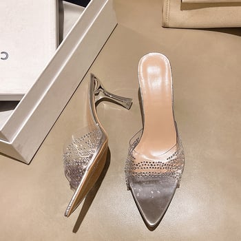 Stiletto sandale sa kristalima, PVC gornji dio, jedna traka, špičat nos, PU podstava, gumena pot