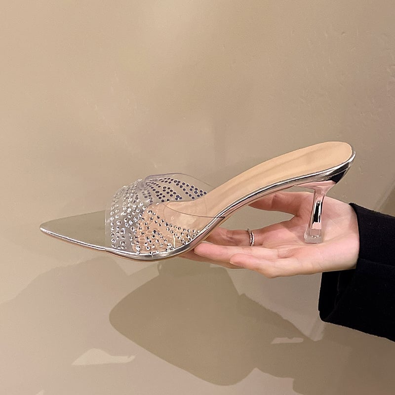 Stiletto sandale sa kristalima, PVC gornji dio, jedna traka, špičat nos, PU podstava, gumena pot