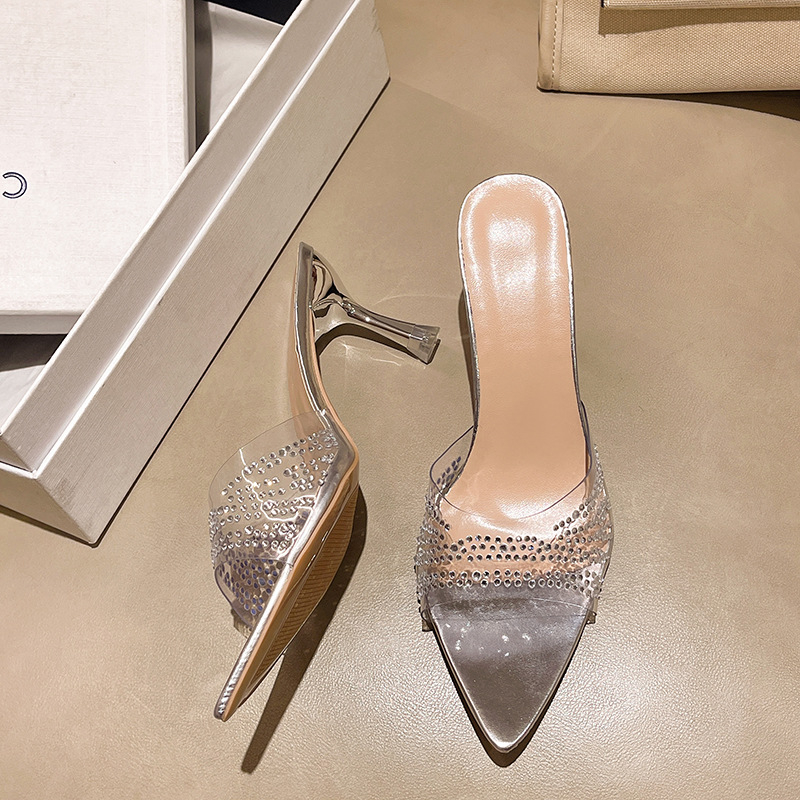 Stiletto sandale sa kristalima, PVC gornji dio, jedna traka, špičat nos, PU podstava, gumena pot