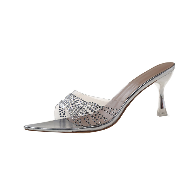 Stiletto sandale sa kristalima, PVC gornji dio, jedna traka, špičat nos, PU podstava, gumena pot