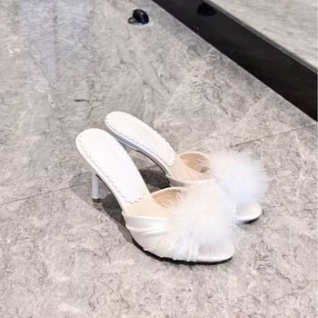 Ženske visoke pete s gornjim dijelom od svile, otvoreni prst, 6–8 cm tanke štikle, podstava od ovčje kože