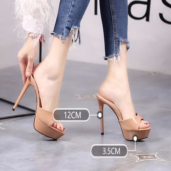 Ženske slip-on platform sandale s visokim petom, otvoreni prst (oblik usne ribe), gornji dio: svinjska koža, unutrašnjost PU, potplat guma, ljeto 2023