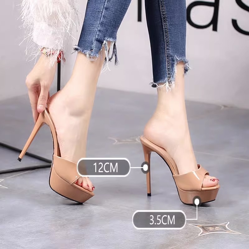 Ženske slip-on platform sandale s visokim petom, otvoreni prst (oblik usne ribe), gornji dio: svinjska koža, unutrašnjost PU, potplat guma, ljeto 2023