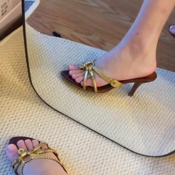 Sandale stiletto cu deget deschis, stil retro, curele croșetate încrucișate, PU partea superioară, talpă din cauciuc, vârf rotund - Primăvara 2025