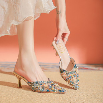 6066-36 Satenska gornja s oštrim nosem, visoki stileto, otvorena peta Rhinestone sandale, korejska verzija
