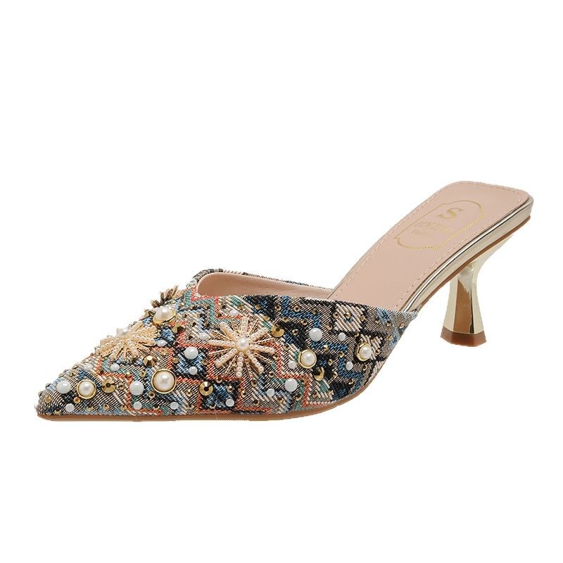 6066-36 Satenska gornja s oštrim nosem, visoki stileto, otvorena peta Rhinestone sandale, korejska verzija
