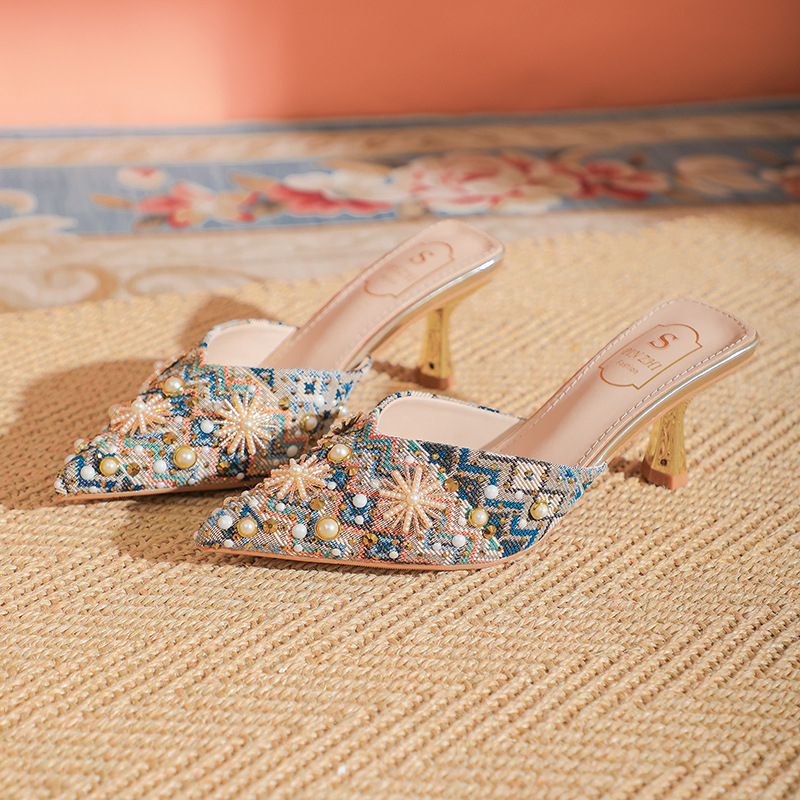 6066-36 Satenska gornja s oštrim nosem, visoki stileto, otvorena peta Rhinestone sandale, korejska verzija