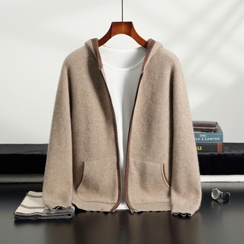 Мъжки кашмирен кардиган с качулка и цип, свободна кройка, едноцветен, кашмир 30–35% и вълна 65%, зимен стил